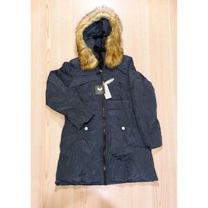 Valuker Womens Navy Blue 90% Down Puffer Coat Faux Fur Hooded Parka Size L NEW